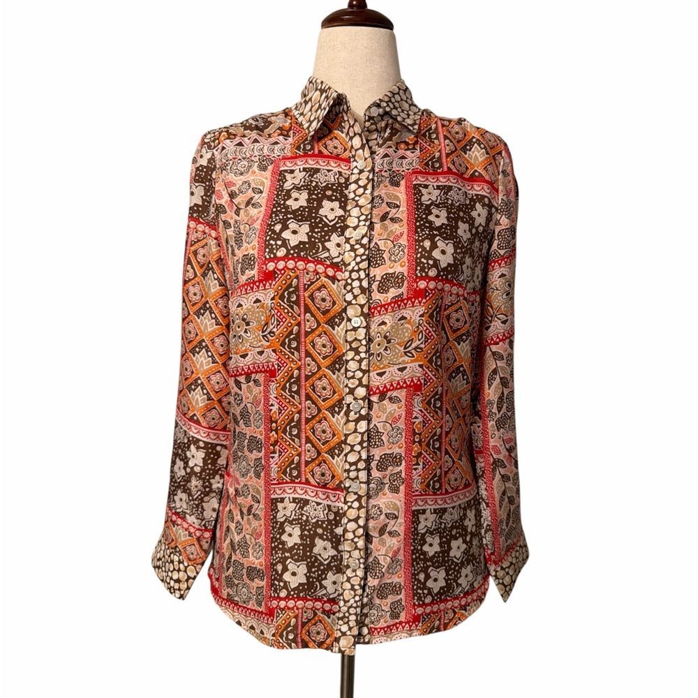 J. McLaughlin Silk Blend Patchwork Blouse Button Front Shirt Boho Print Size S